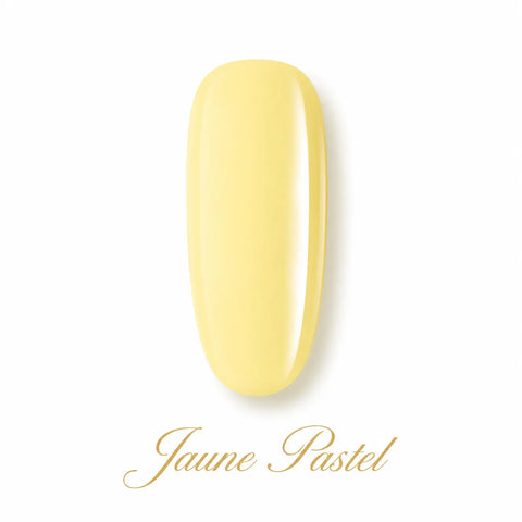 Jaune Pastel Beauty Distribution, teinte jaune douce effet gel glossy, packshot luxe sur fond blanc pour vernis gel semi-permanent UV/LED et manucure professionnelle.
