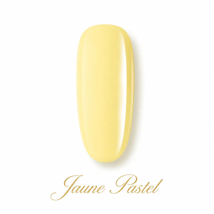 Jaune Pastel Beauty Distribution, teinte jaune douce effet gel glossy, packshot luxe sur fond blanc pour vernis gel semi-permanent UV/LED et manucure professionnelle.