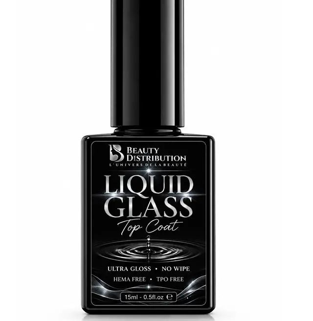 Top Coat Liquid Glass Water Ripple Beauty Distribution 15 ml, top coat no wipe ultra glossy effet verre liquide et water ripple, HEMA free TPO free, finition brillante miroir pour manucure gel UV LED professionnelle.
