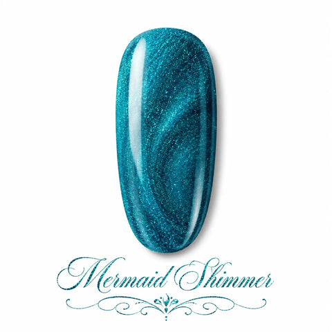 Vernis gel Mermaid Shimmer Beauty Distribution, teinte bleu vert sirène scintillante sur capsule glossy, finition brillante effet gel avec reflets pailletés pour manucure glamour, lumineuse et tendance.