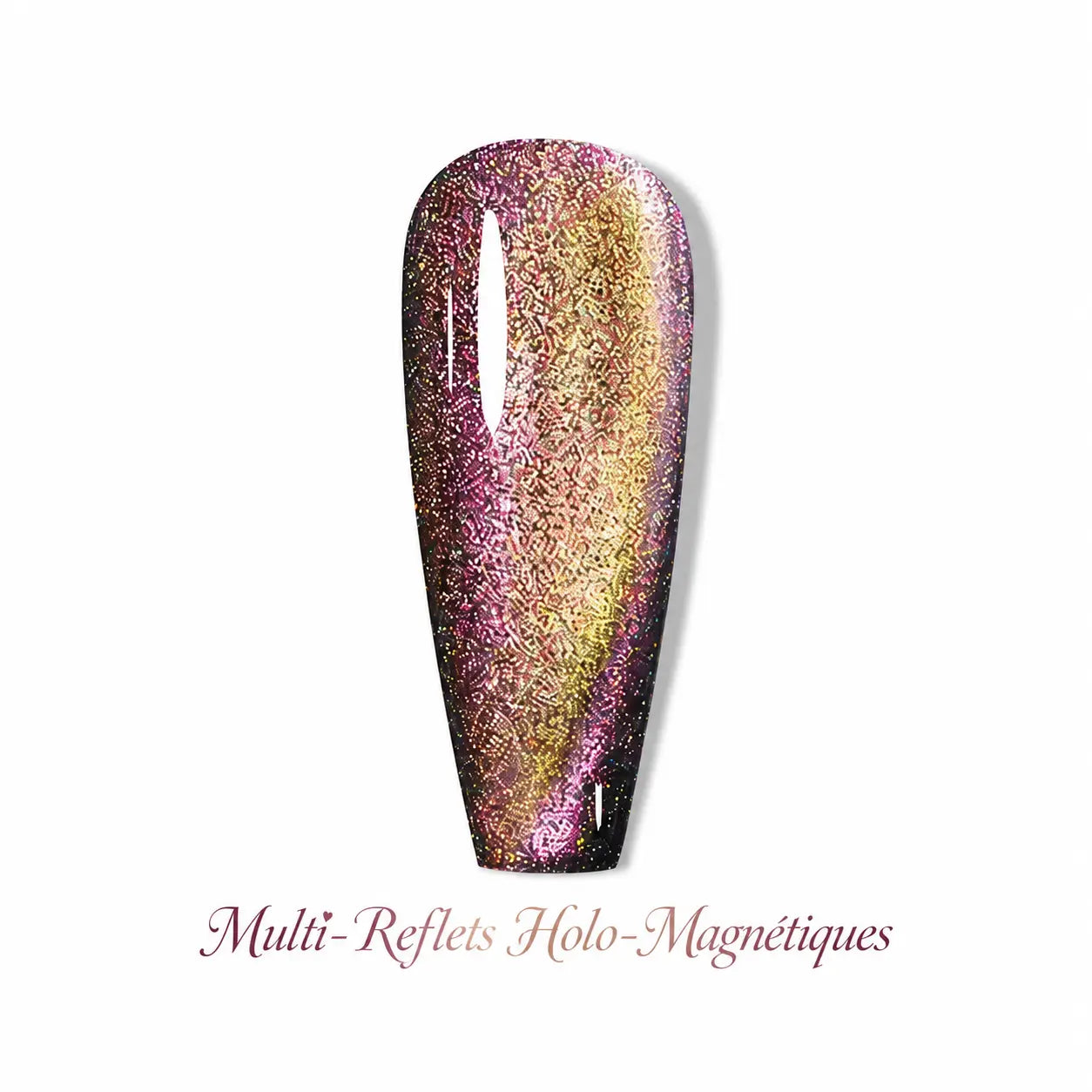Vernis gel Multi-Reflets Holo-Magnétiques Beauty Distribution, effet cat eye holographique rose doré et noir, capsule couleur glossy sur fond blanc pour manucure professionnelle UV/LED.