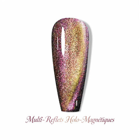 Vernis gel Multi-Reflets Holo-Magnétiques Beauty Distribution, effet cat eye holographique rose doré et noir, capsule couleur glossy sur fond blanc pour manucure professionnelle UV/LED.