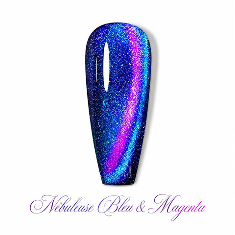 Vernis gel Nébuleuse Bleu & Magenta Beauty Distribution, effet cat eye magnétique bleu nuit et magenta scintillant, capsule couleur glossy sur fond blanc pour manucure professionnelle UV/LED.
