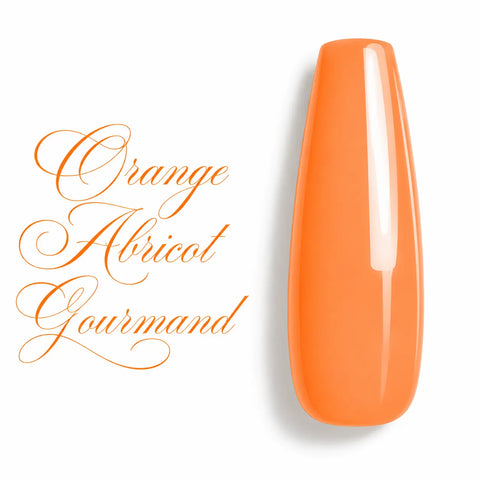 Orange Abricot Gourmand – Capsule de nuancier en vernis semi-permanent UV/LED Beauty Distribution, teinte orange abricot pastel crémeux, légèrement translucide, finition ultra brillante effet gel. Échantillon d’ongle forme ballerine longue sur fond blanc, idéal pour manucure professionnelle, nail art, pose d’ongles en gel UV, BIAB, gainage et prothésie ongulaire.