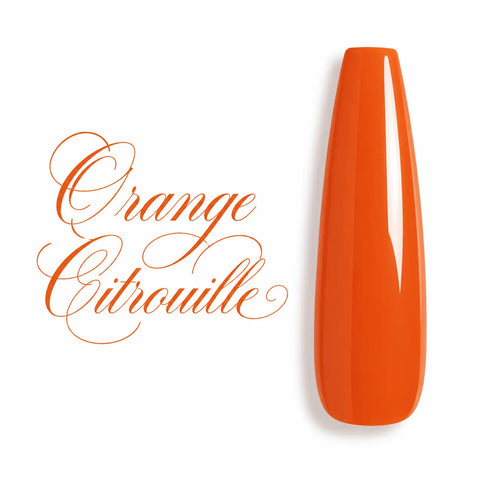 Capsule d’ongle ballerine longue couleur Orange Citrouille, finition ultra brillante et glossy, présentée sur fond blanc avec lettrage calligraphique élégant, nuancier professionnel de gel UV et vernis semi-permanent.