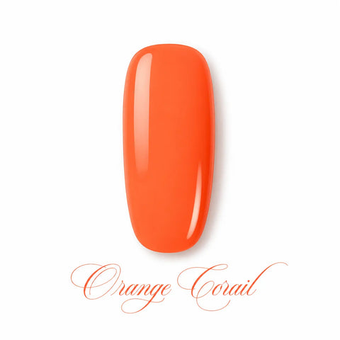 Vernis gel Orange Corail Beauty Distribution, teinte orange corail vive sur capsule glossy, finition brillante effet gel professionnel pour manucure estivale, lumineuse et élégante.