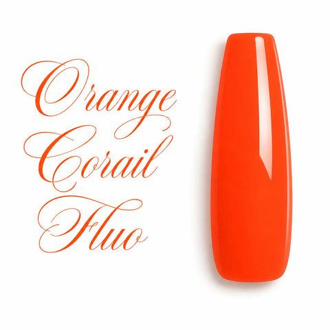 Capsule d’ongle ballerine Orange Corail Fluo ultra brillante, nuancier de vernis gel UV et semi-permanent professionnel sur fond blanc.