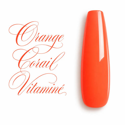 Capsule ongulaire ballerine Orange Corail Vitaminé, gel UV semi-permanent ultra brillant et lumineux, teinte corail intense pour manucure professionnelle.