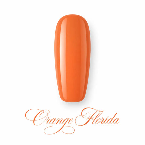 Vernis gel Orange Florida Beauty Distribution, teinte orange vive et lumineuse sur capsule glossy, finition brillante effet gel professionnel pour manucure estivale, fraîche et élégante
