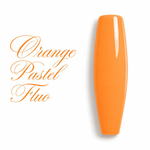 Capsule d’ongle longue ballerine Orange Pastel Fluo, finition brillante glossy, nuancier de vernis gel semi-permanent Beauty Distribution.