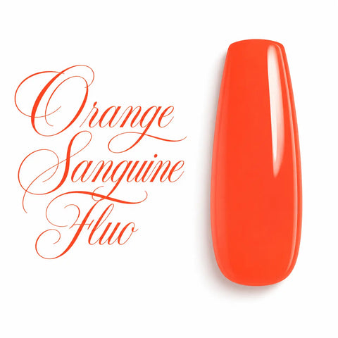 Capsule d’ongle ballerine Orange Sanguine Fluo ultra brillante, nuancier professionnel de gel UV et vernis semi-permanent sur fond blanc.