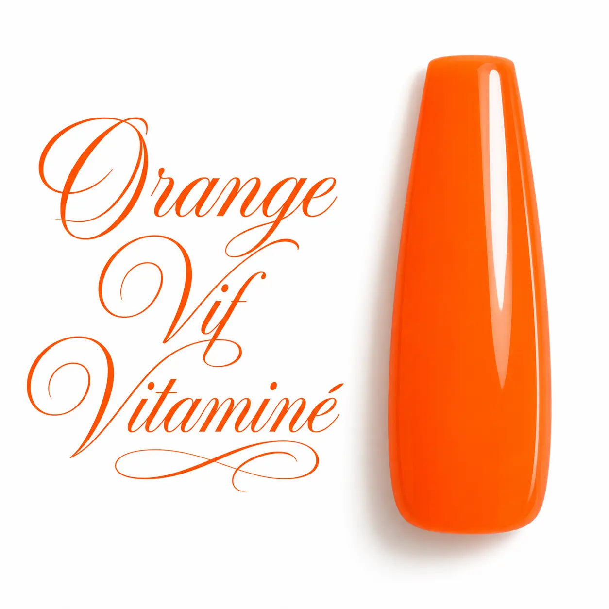 Orange Vif Vitaminé – Nuancier de vernis semi-permanent UV LED Beauty Distribution sur capsule ballerine brillante, teinte orange néon intense, lumineuse et vitaminée, finition glossy ultra brillante, couleur vive professionnelle pour nail art, manucure, prothésiste ongulaire, pose gel UV, BIAB et vernis semi-permanent.