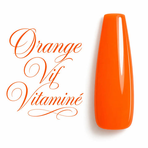 Orange Vif Vitaminé – Nuancier de vernis semi-permanent UV LED Beauty Distribution sur capsule ballerine brillante, teinte orange néon intense, lumineuse et vitaminée, finition glossy ultra brillante, couleur vive professionnelle pour nail art, manucure, prothésiste ongulaire, pose gel UV, BIAB et vernis semi-permanent.
