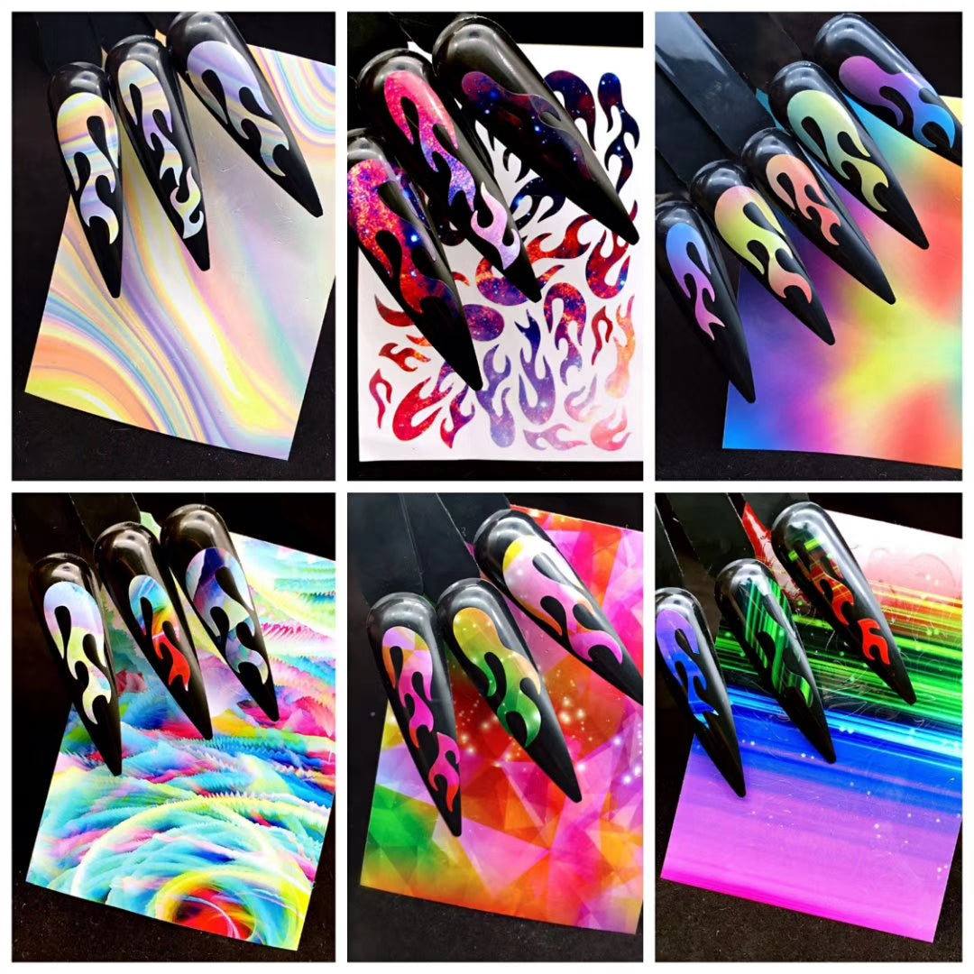 6 self-adhesive stickers with multicolored flame pattern