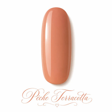 Vernis gel Pêche Terracotta Beauty Distribution, teinte nude pêche terracotta chaude sur capsule glossy, finition brillante professionnelle pour manucure chic et élégante
