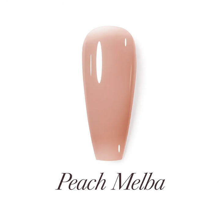 Peach Melba Beauty Distribution – teinte nude pêche rosé, packshot luxe avec capsule couleur, soak-off UV/LED 10 ml pour manucure professionnelle.