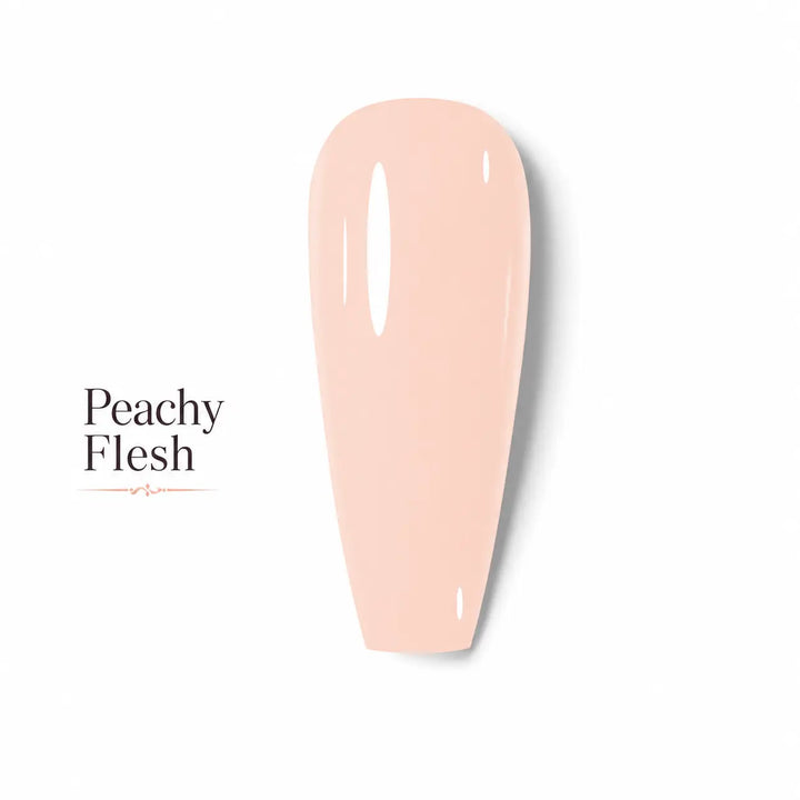 Peachy Flesh Beauty Distribution, teinte nude pêche naturelle effet gel glossy, packshot luxe sur fond blanc pour vernis gel semi-permanent UV/LED et manucure professionnelle.