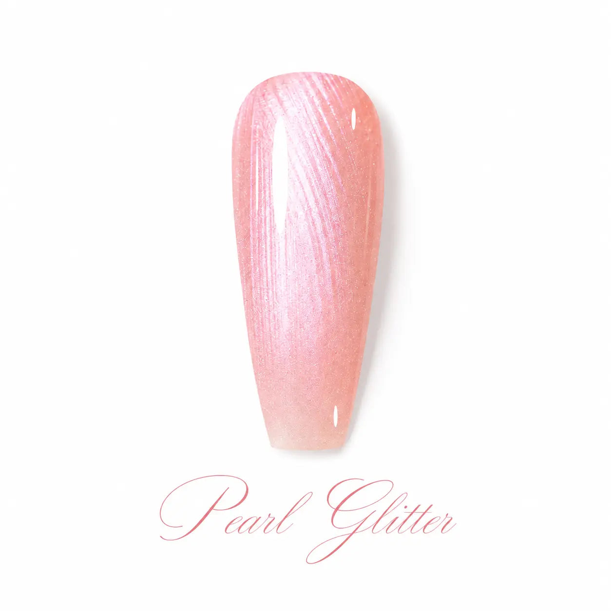 Vernis gel Pearl Glitter Beauty Distribution – teinte rose nacré pailletée avec finition lumineuse, swatch capsule et flacon packshot sur fond blanc