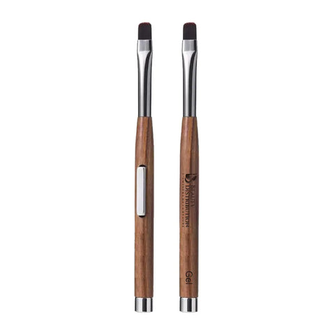Pinceau gel professionnel en bois brun avec aimant cat eye intégré et système de protection rétractable.