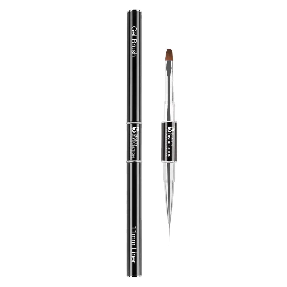 Pinceau ongle noir 2 en 1 avec embout gel brush et liner 11mm de précision, marque Beauty Distribution.