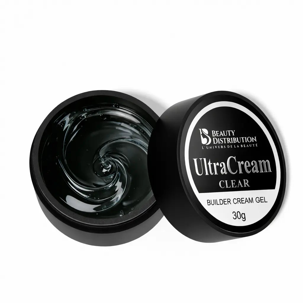 Pot ouvert de Gel Ultra Cream Clear 30g texture gel crème transparent pour construction d'ongles.