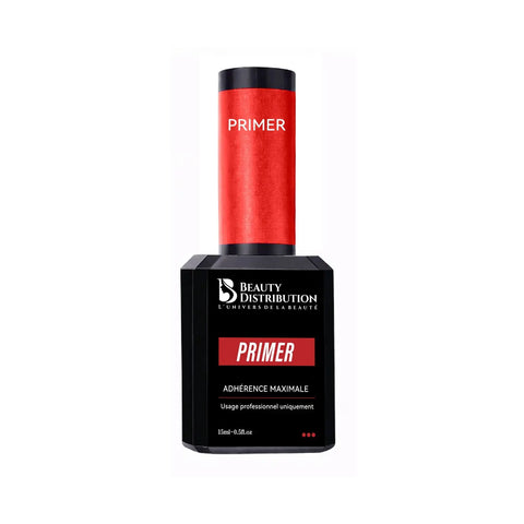 Flacon noir de Primer 15ml Beauty Distribution pour ongles avec bouchon rouge, mentions Adhérence Maximale et usage professionnel uniquement.
