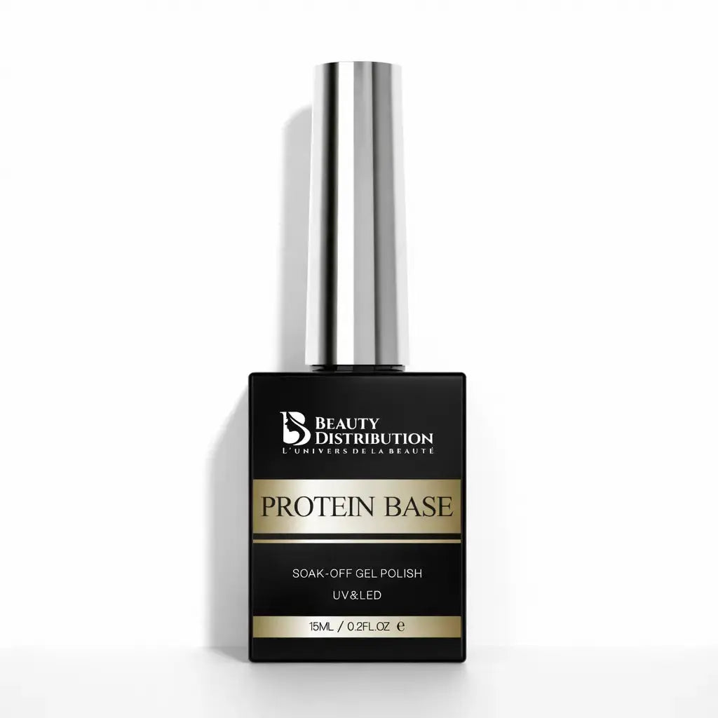 Protein Base Beauty Distribution 15 ml, base gel protéinée soak-off UV LED, flacon noir et doré packshot luxe sur fond blanc pour renforcer les ongles et manucure gel professionnelle