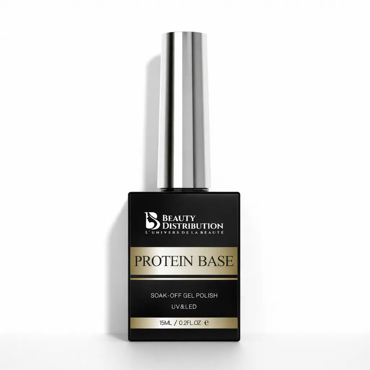 Protein Base Beauty Distribution 15 ml, base gel protéinée soak-off UV LED, flacon noir et doré packshot luxe sur fond blanc pour renforcer les ongles et manucure gel professionnelle