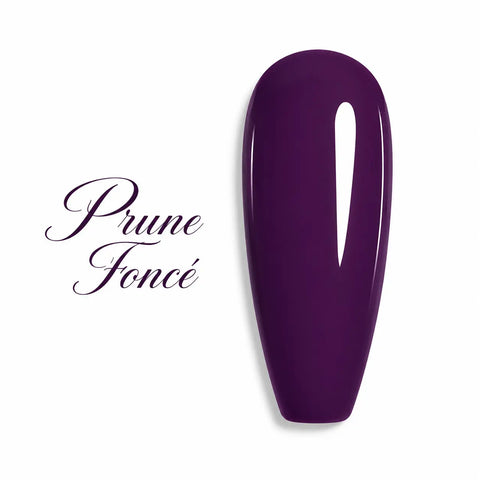 Nuancier de vernis semi-permanent professionnel couleur prune foncé violet profond brillant pour prothésiste ongulaire, marque Beauty Distribution.