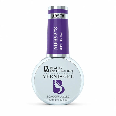 Vernis gel semi-permanent Beauty Distribution A9278 violet intense, flacon 10 ml, soak-off UV/LED, packshot luxe sur fond blanc pour manucure professionnelle.