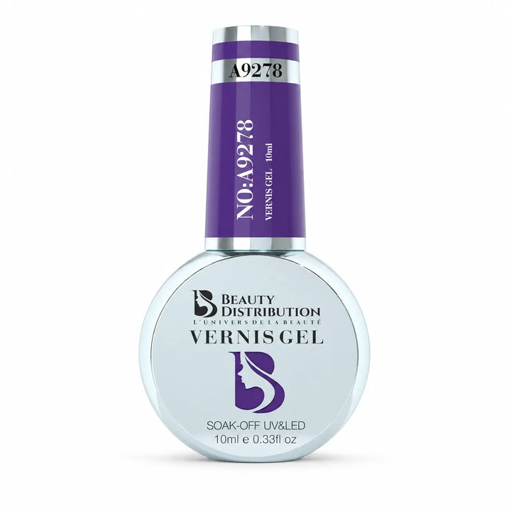 Vernis gel semi-permanent Beauty Distribution A9278 violet intense, flacon 10 ml, soak-off UV/LED, packshot luxe sur fond blanc pour manucure professionnelle.