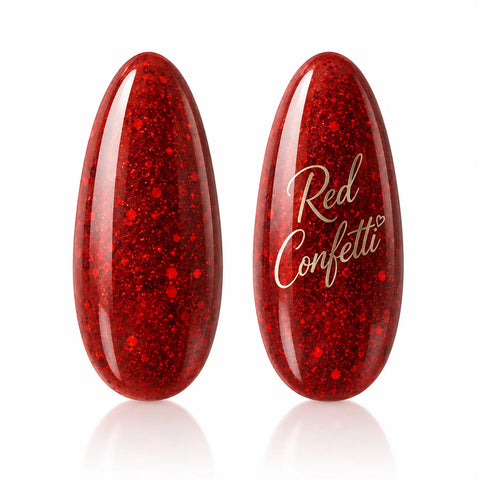 Capsules swatch vernis gel Red Confetti Beauty Distribution, teinte rouge pailletée avec confettis scintillants effet glossy, rendu packshot luxe sur fond blanc, idéal manucure festive, nail art glamour et pose professionnelle UV/LED.