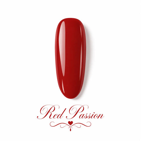 Vernis gel Red Passion Beauty Distribution, rouge intense glossy sur capsule professionnelle, finition brillante effet gel pour manucure glamour, élégante et longue tenue.