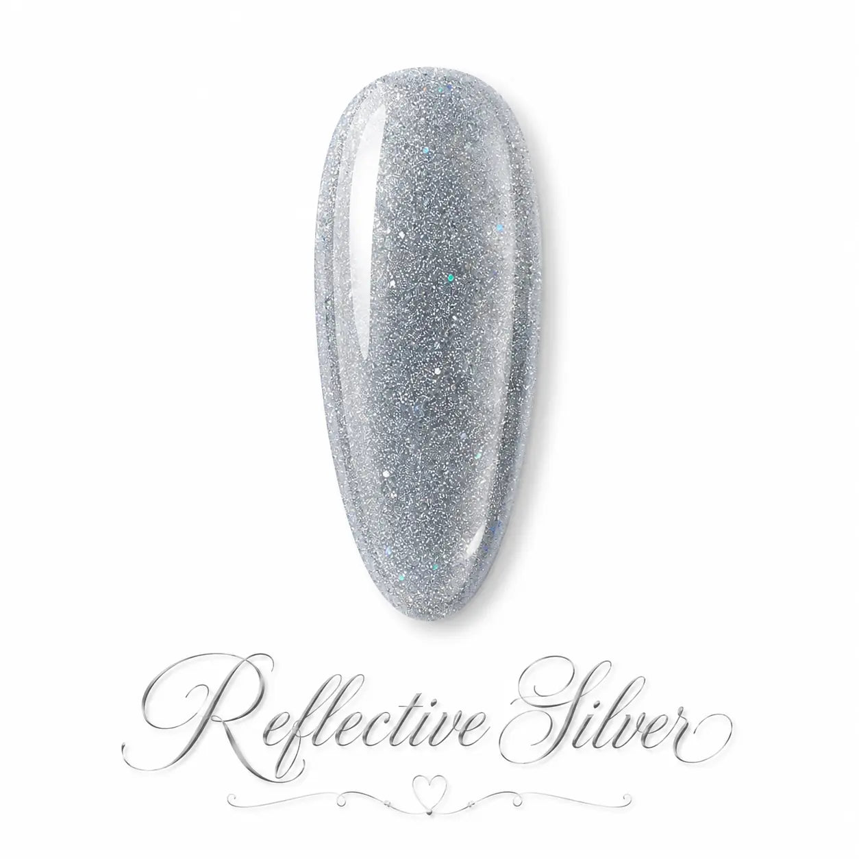 Vernis gel Reflective Silver Beauty Distribution sur capsule, teinte argentée brillante aux reflets pailletés et effet miroir scintillant, parfait pour des ongles glamour, sophistiqués et une manucure professionnelle luxe.