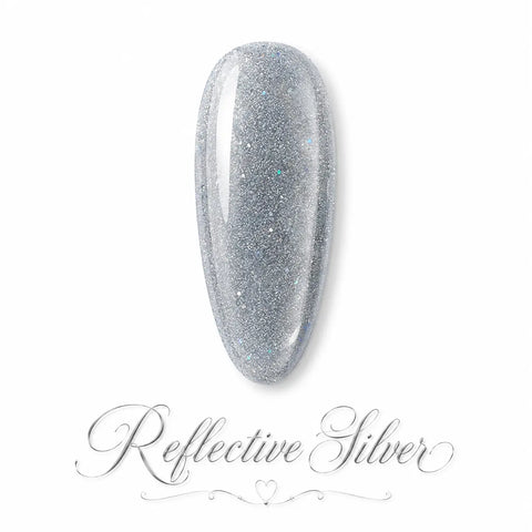 Vernis gel Reflective Silver Beauty Distribution sur capsule, teinte argentée brillante aux reflets pailletés et effet miroir scintillant, parfait pour des ongles glamour, sophistiqués et une manucure professionnelle luxe.