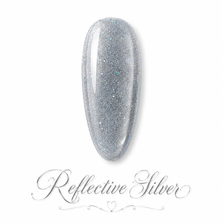 Vernis gel Reflective Silver Beauty Distribution sur capsule, teinte argentée brillante aux reflets pailletés et effet miroir scintillant, parfait pour des ongles glamour, sophistiqués et une manucure professionnelle luxe.