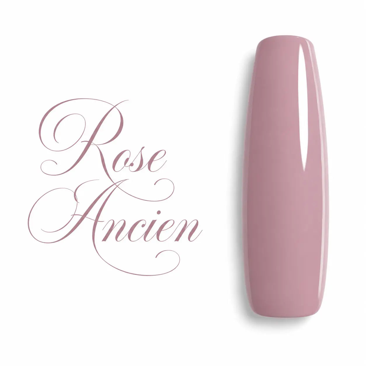 Capsule d’ongle ballerine longue couleur rose ancien, finition glossy ultra brillante, sur fond blanc avec lettrage calligraphique élégant – nuancier gel UV et vernis semi-permanent professionnel.