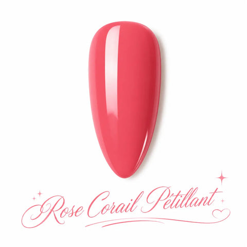 Vernis gel Rose Corail Pétillant Beauty Distribution, teinte rose corail lumineuse effet glossy, capsule couleur sur fond blanc pour manucure professionnelle UV/LED.
