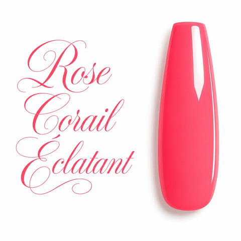 Gel UV couleur Rose Corail Éclatant présenté sur une capsule d’ongle ballerine brillante, finition glossy professionnelle. Cette teinte rose corail vive, lumineuse et intense offre une couvrance uniforme, idéale pour les poses en gel UV, vernis semi-permanent, BIAB, gainage et nail art. Nuancier professionnel sur fond blanc minimaliste, parfait pour les prothésistes ongulaires recherchant une couleur tendance, élégante et durable. Disponible sur Beauty Distribution.