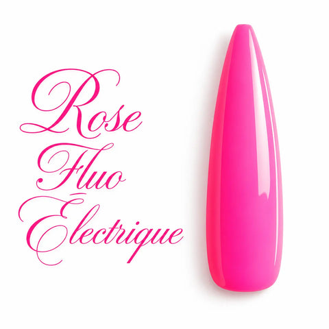 Rose Fluo Électrique – capsule nuancier de gel UV et vernis semi-permanent rose fluo électrique ultra brillant, finition crémeuse glossy, couleur néon intense et lumineuse, idéale pour nail art, manucure professionnelle, pose en gel UV, BIAB, acrygel et vernis semi-permanent. Échantillon de couleur sur fond blanc premium pour prothésistes ongulaires et instituts de beauté.