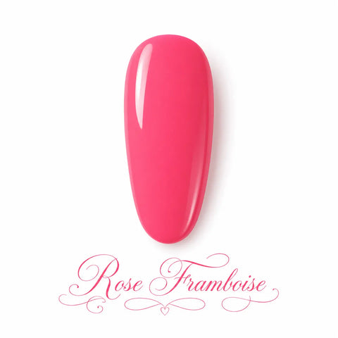 Vernis gel Rose Framboise Beauty Distribution, teinte rose framboise intense sur capsule glossy, finition brillante professionnelle pour manucure féminine, chic et lumineuse.