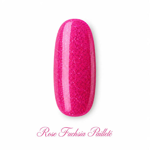 Capsule ongle Rose Fuchsia Pailleté glossy Beauty Distribution, vernis gel UV LED rose fuchsia scintillant avec fines paillettes, idéal pour manucure glamour, nail art professionnel et pose onglerie tendance.