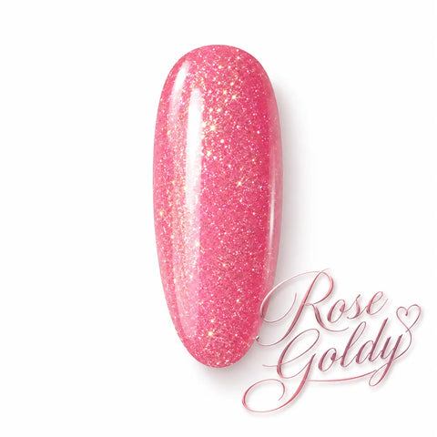 Vernis gel Rose Goldy Beauty Distribution, teinte rose gold scintillante sur capsule glossy, finition brillante effet gel professionnel avec reflets dorés pour manucure glamour, lumineuse et élégante.
