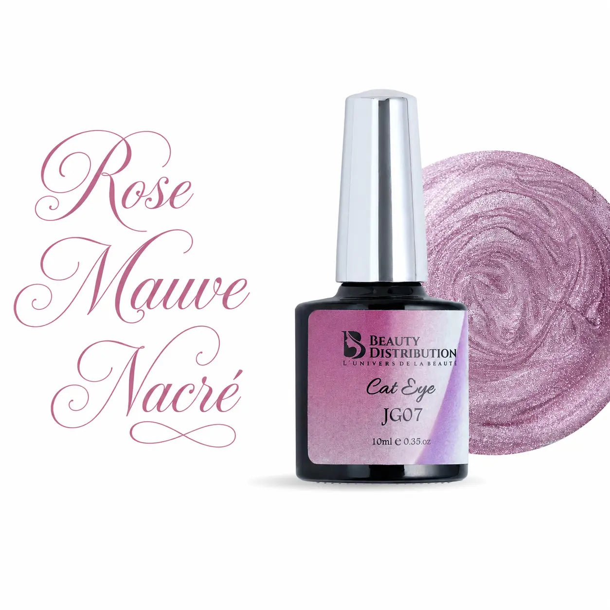 Vernis semi-permanent Cat Eye Rose Mauve Nacré Beauty Distribution, nuance rose mauve pastel nacrée aux reflets lumineux et effet œil de chat magnétique. Capsule ballerine finition ultra brillante sur fond blanc, idéale pour les poses d'ongles professionnelles, nail art, manucure UV/LED et prothésistes ongulaires.