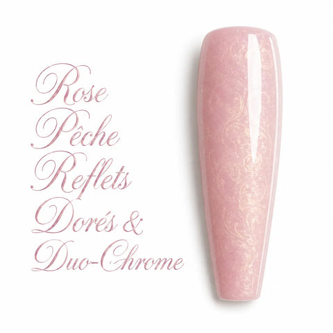 Capsule d’ongle ballerine Rose Pêche Reflets Dorés & Duo-Chrome, vernis gel UV LED semi-permanent glossy, effet nacré doré professionnel.