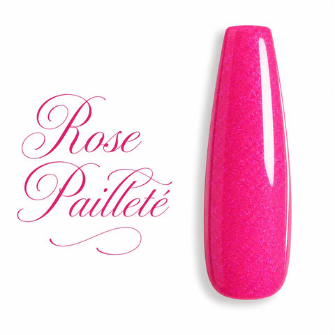 Capsule d’ongle ballerine Rose Pailleté, finition glossy scintillante, nuancier de vernis semi-permanent UV LED professionnel pour nail art.