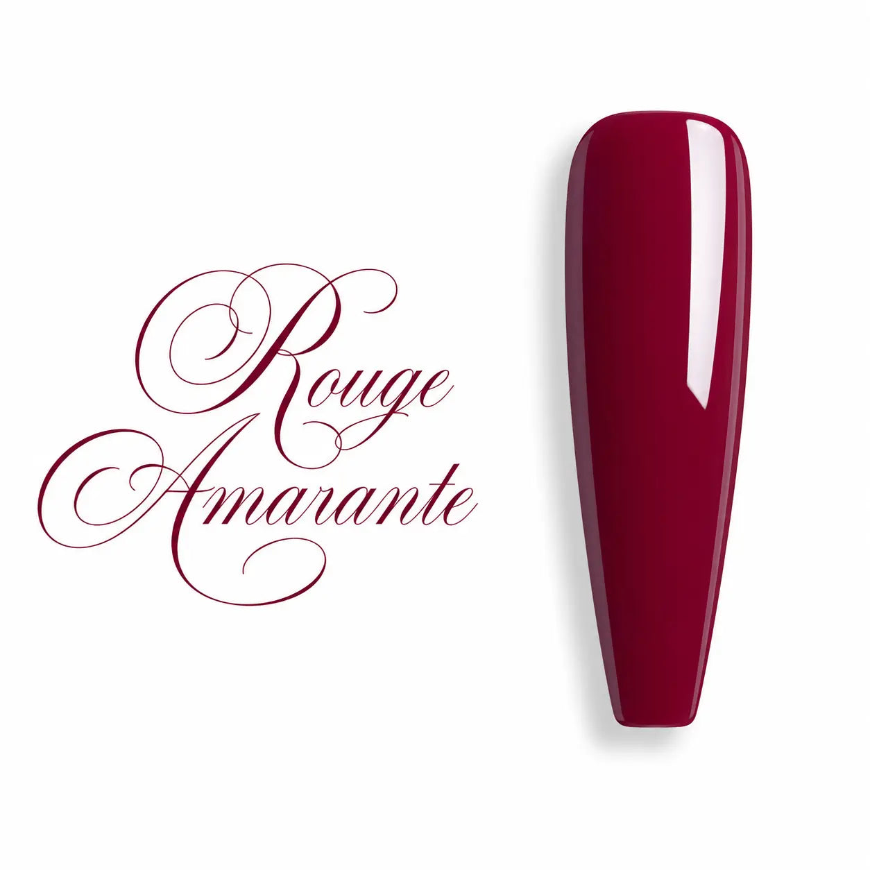Nuancier de vernis semi-permanent Rouge Amarante sur capsule ballerine longue, finition glossy ultra brillante, teinte rouge bordeaux intense pour manucure gel UV professionnelle.
