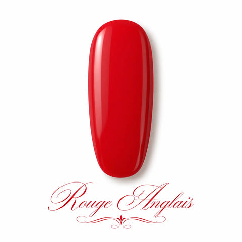 Vernis gel Rouge Anglais Beauty Distribution, teinte rouge intense et élégante sur capsule glossy, finition brillante effet gel professionnel pour manucure chic, glamour et intemporelle.