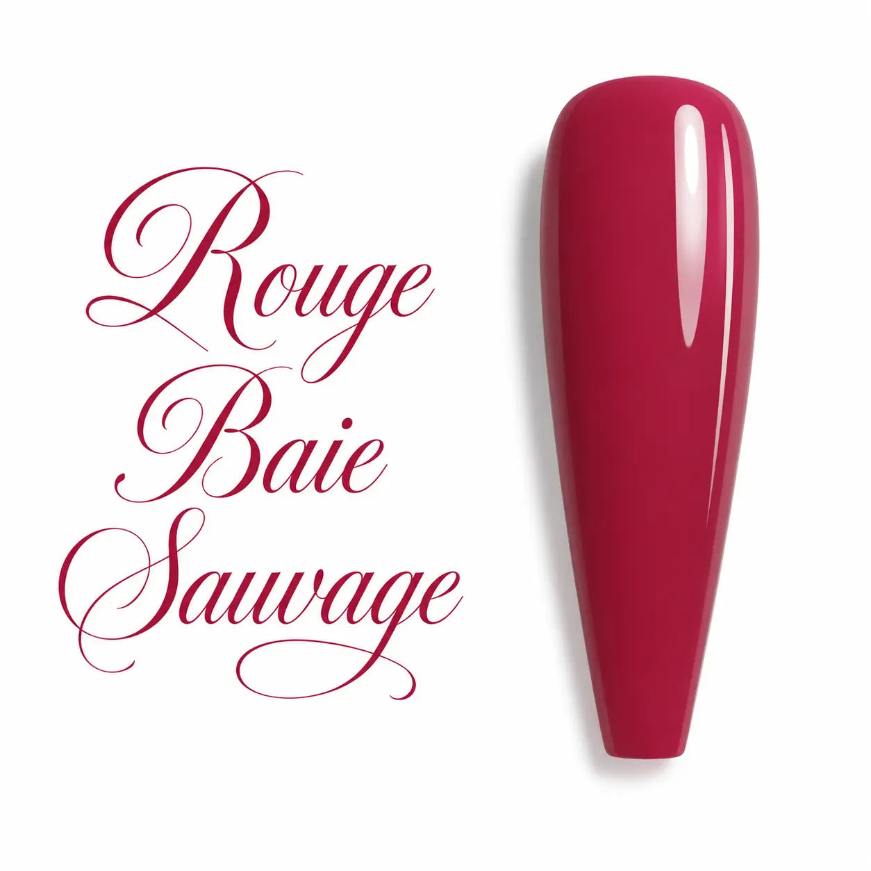 Gel polish UV/LED Rouge Baie Sauvage présenté sur une capsule d’ongle ballerine longue avec finition ultra brillante glossy. Cette teinte rouge baie profonde, élégante et intense offre une couvrance homogène et un rendu professionnel, idéal pour les poses en gel UV, vernis semi-permanent, gainage, nail art et manucures sophistiquées. Nuancier de couleur haute qualité sur fond blanc, parfait pour les prothésistes ongulaires et les instituts de beauté.