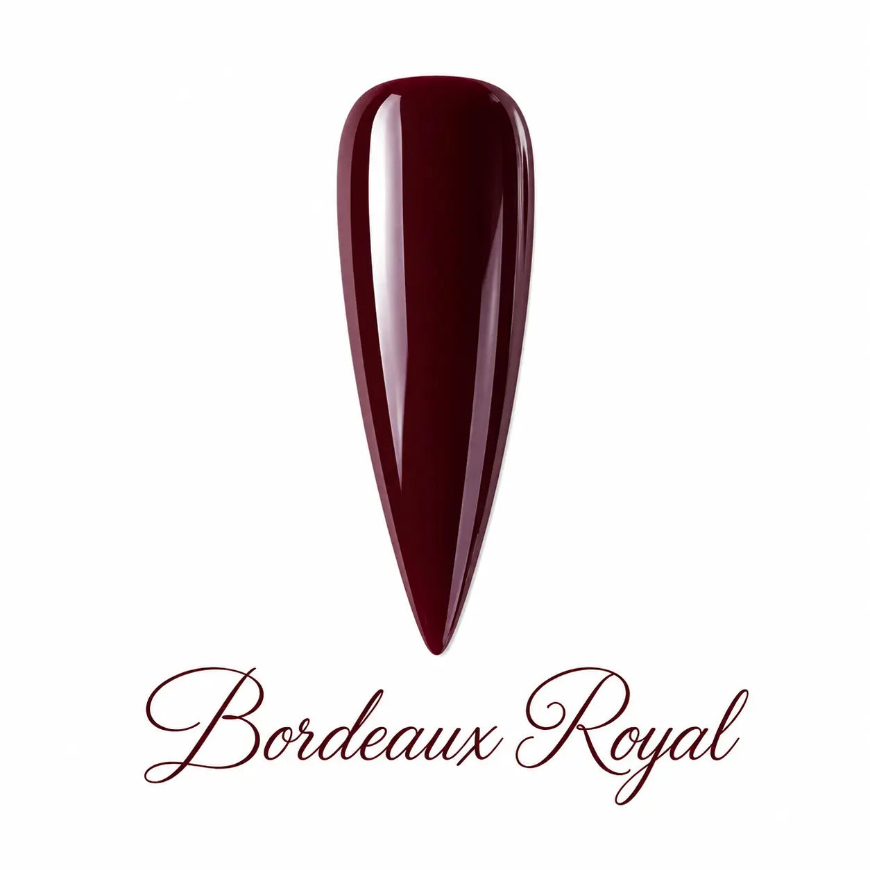 Capsule stiletto Bordeaux Royal Beauty Distribution, vernis gel bordeaux profond brillant, finition glossy élégante, rendu packshot luxe sur fond blanc pour manucure professionnelle et nail art.